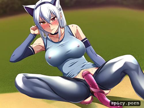 whie background, cat ears, athletic, sweating, solo, boobs grouping