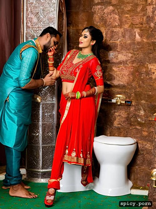 the standing beautiful indian bride in man toilet where two man do pee over the sexy indian bride