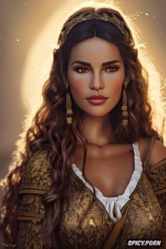 sweet, simple brown peasant farmer dress, masterpiece, bethany hawke dragon age beautiful face columbian skin long soft warm wavy brown hair