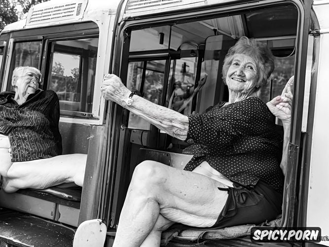 skinny, sitting in bus, 97 year old granny, lipstick, spreading legs
