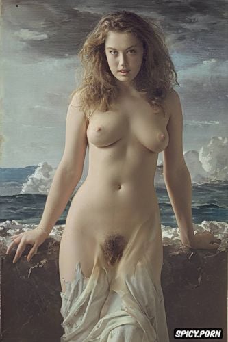 delacroix oil painting, courbet oil painting, hairy pussy, wavy hair