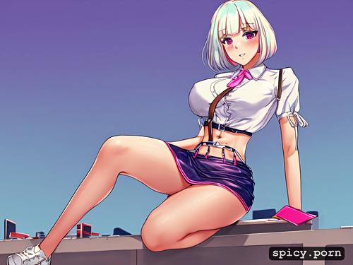 white and pink bob cut hair, hot squat, white blouse open, pink suspenders