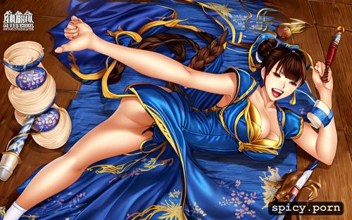 dark blue and gold silk dress long, ugly face, armpit hair, chun li