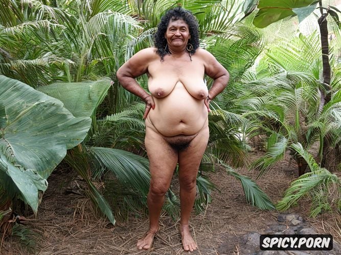 flashing her open very hairy black pussy, photo realism, amazon aboriginal tribal granny