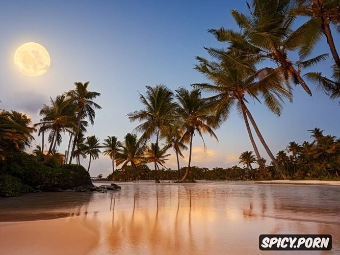 palm island in the background, young women, full moon, hiqh quality picture