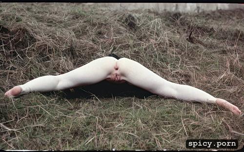 pale skin, skinny, solo, gothic girl, white room, legs spread wide