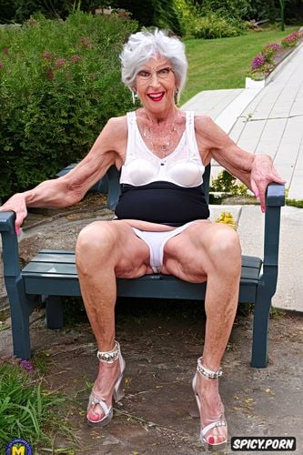 old skinny beautiful wrinkled granny tongue out in detailed spandex white short shorts lips cameltoe spread leg sit on bench outside in hot summer showin pussy bulge point of view