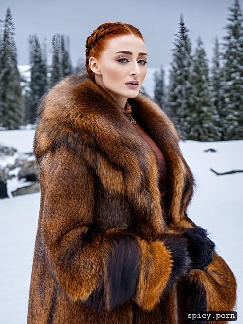 realistic, wearing pelt, snowy landscape, sansa stark, ultra detailed