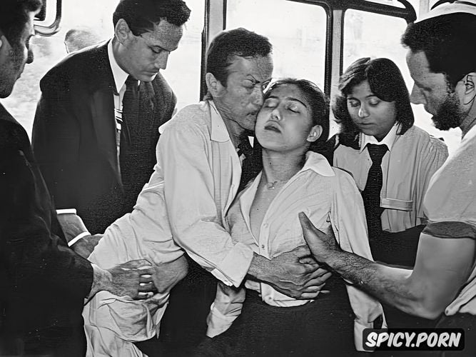 real natural colors ultra detailed expressive faces detailed anatomy wide view of several very creepy men discretely groping and fondling the body under the skirt of a very small reluctant powerless scared indian woman in school uniform on a crowded bus