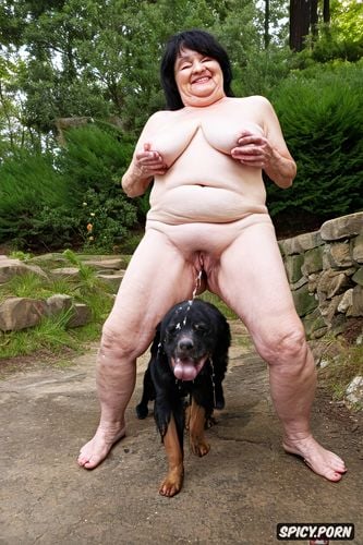 plump midget, 80 year old lady, urinating on her dog with her tongue out