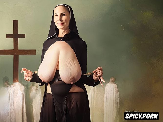 pubic hair, yellow, saggy tits, nun, red, realistic, spreading legs