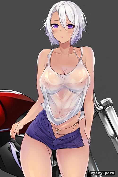 91tdnepcwrer, tanktop with underboob and short shorts, standing in front of motorcycle