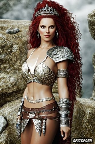 8k shot on canon dslr, ultra detailed, masterpiece, fantasy barbarian queen beautiful face tan skin long soft dark red hair in a braid diadem full body shot