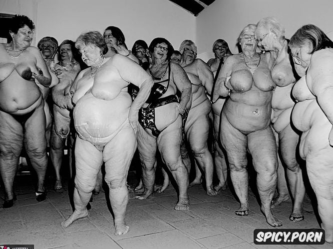 group of old grannies, chains, ssbbw, saggy belly, ultra realistic photo