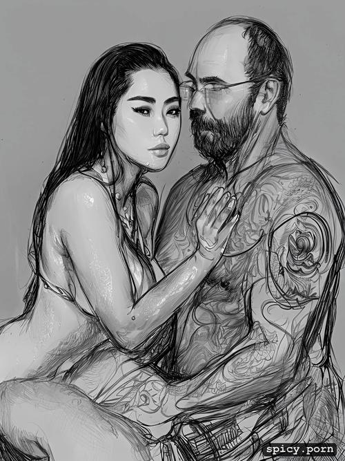 thai woman, intricate hair, sketch, 18yo, nuru massage with white man