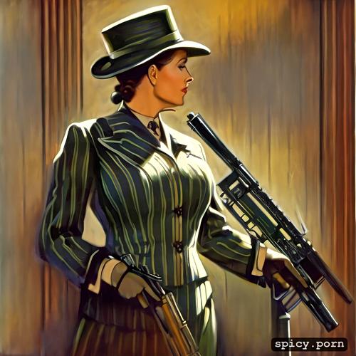 woman pinstripe silenced gun