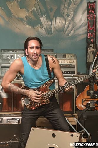 rock show, nicolas cage, argentina, very short hair, bass, naked woman