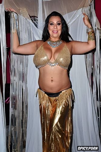 front view, huge hanging hooters, color photo, elegant bellydance costume with matching bikini top