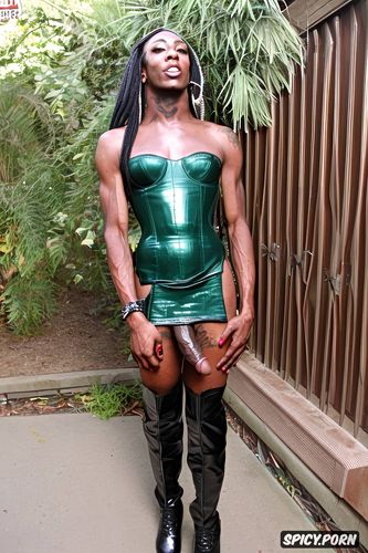 wearing pvc dress and long boots, showing her cumming dick, ebony tranny with long dreadlocks