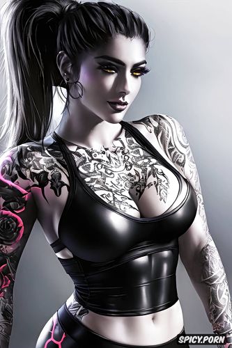 widowmaker overwatch beautiful face tight black yoga pants skin tight black sports bra tattoos milf