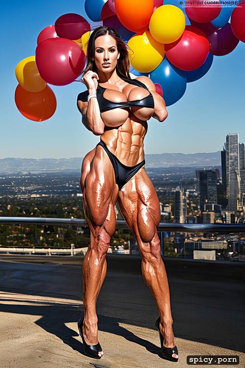ballon tits, skinny, muscular body, strong legs, fit babe, heels