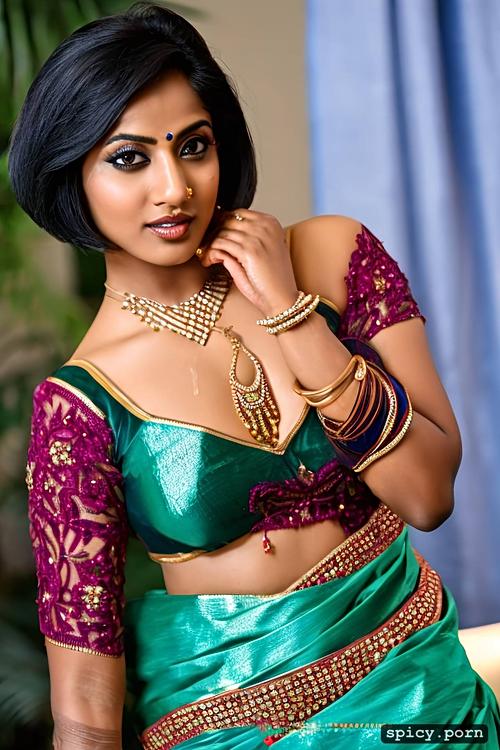 oily and shiny, cum covered, brown skin, bobcut, wearing saree