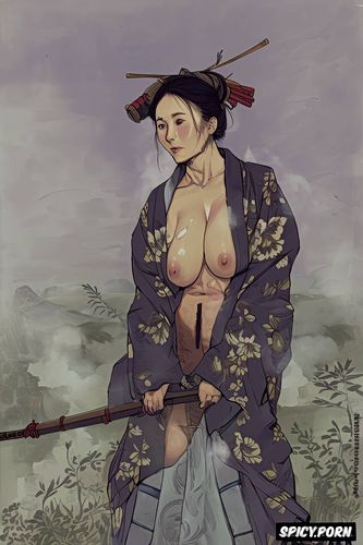 old japanese grandmother, small perky breasts, steam, fog, michelangelo buonarroti