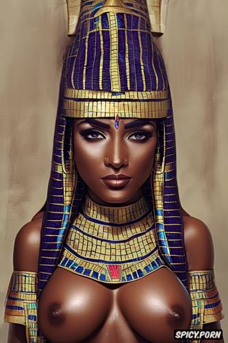 portrait muscles, femal pharaoh ancient egypt egyptian pyramids pharoah crown royal robes beautiful face milf topless