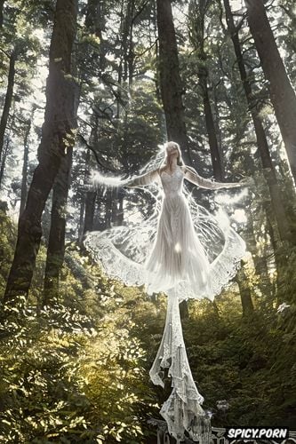 lake in background, in forest, levitating upright, angelic appearance