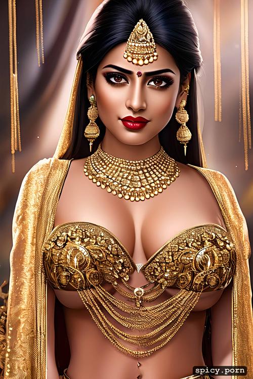indian princess, black hair, gold jewellery, curvy hip, gorgeous face