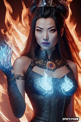 artstation, flame crown, face shot, black hair in an intricate updo