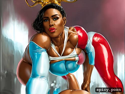 perfect face, an ebony female bodybuilder is kneeling on the ground wearing a slave woman costume