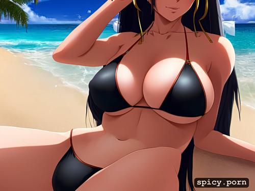 sunlight, latin female, black long hair, bikini, showing puss