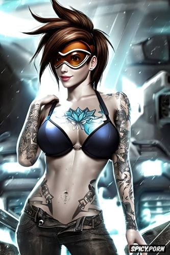 ultra realistic, high resolution, k shot on canon dslr, tracer overwatch beautiful face young sexy bikini head shot tattoos masterpiece