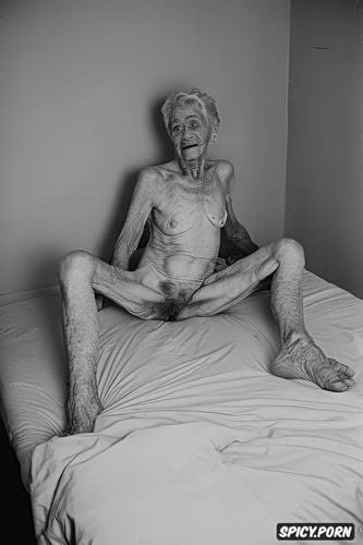 grey hair, naked, pale, ninety year old, very thin, bony, point of view