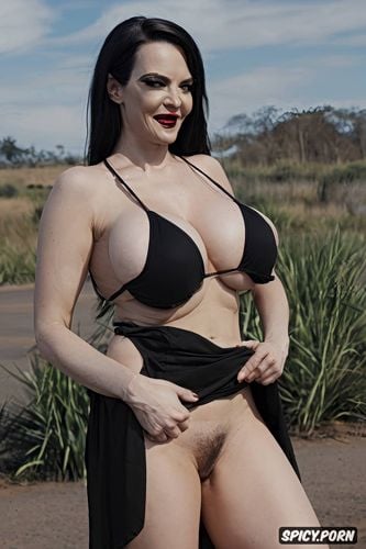 an evil grin, giant and perfectly round areolas very big fat tits