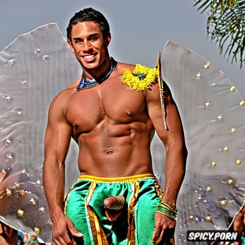 gay fit dancer, arms, full body view, giant hanging balls, naked carnival dancers