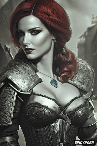 ultra detailed, ultra realistic, triss merigold the witcher tight shirt and leather armor sword village magic beautiful face young full lips masterpiece