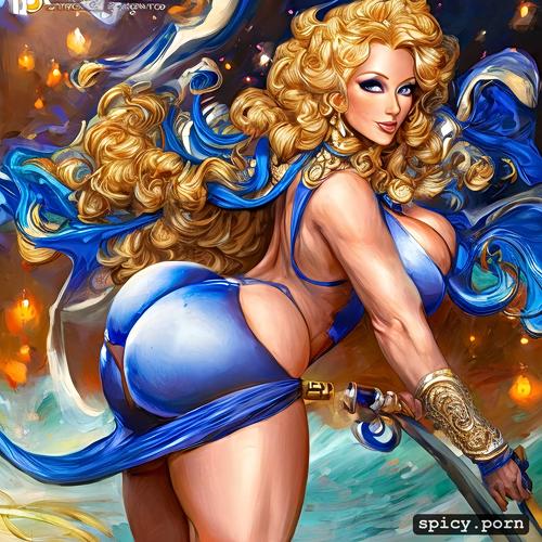 with a giant butt, big breasts, blue eyes, with fair skin, curly blonde hair