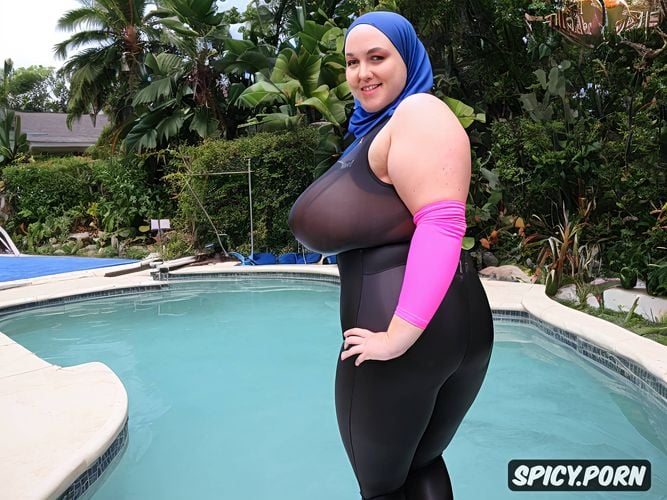 swollen tits, wet, side view, full hijab, chubby, accurate face details