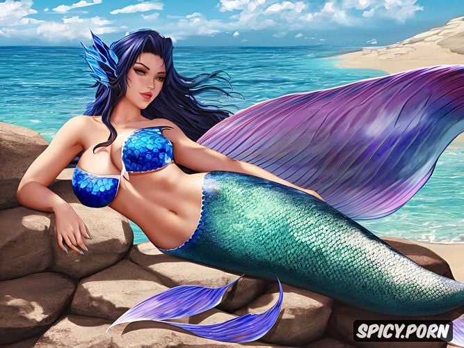 mermaid woman, anime art, bikini top, sitting on a rock near the ocean