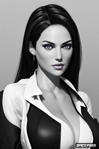 long soft jet black hair in waves, black lab coat white shirt shirt unbuttoned beautiful face full lips milf