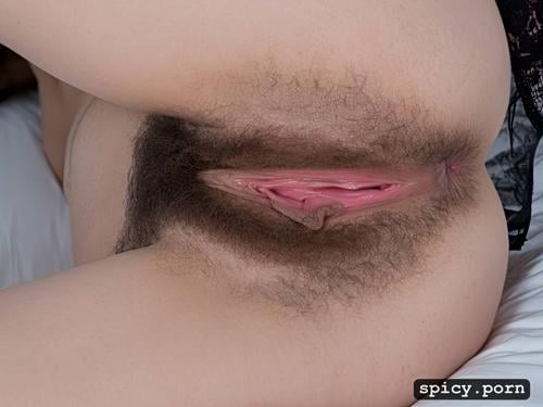 long symmetrical pussy lips, realistic gynecological view, hairy crotch