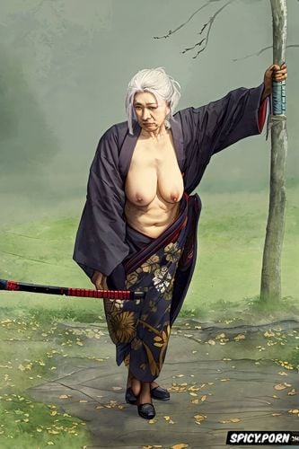 old japanese grandmother, fog, beautiful face, lifting one knee