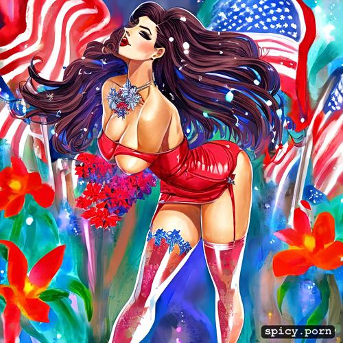 patriotic, side slit, flowing hair, dress, playful, fireworks