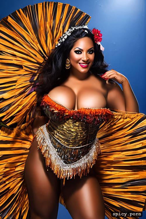 flawless smiling face, 39 yo beautiful tahitian dancer, intricate beautiful hula dancing costume