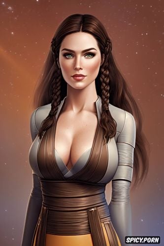 wearing tight brown and yellow jedi robes, bastila shan star wars knight of the old republic beautiful face