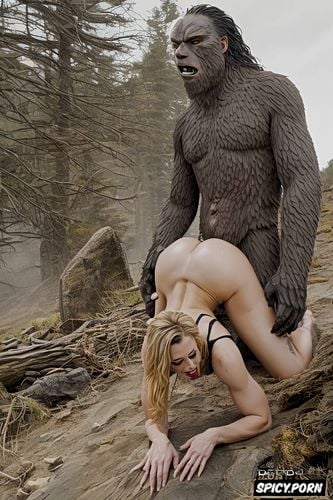 intent on effective copulation, muscular, sasquatch doggy style with beautiful woman