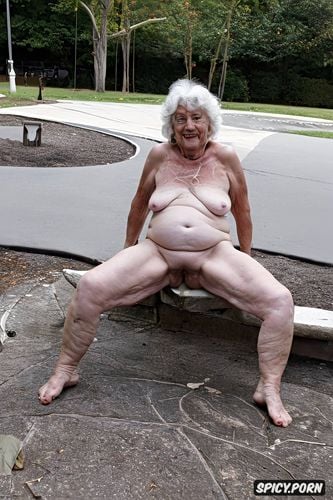 98 year, granny, saggy belly public park, wrinkeled body, standing on knees on grass
