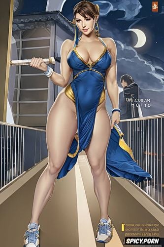 long dark blue dress, one hand on hips, chun li, smokey eyes